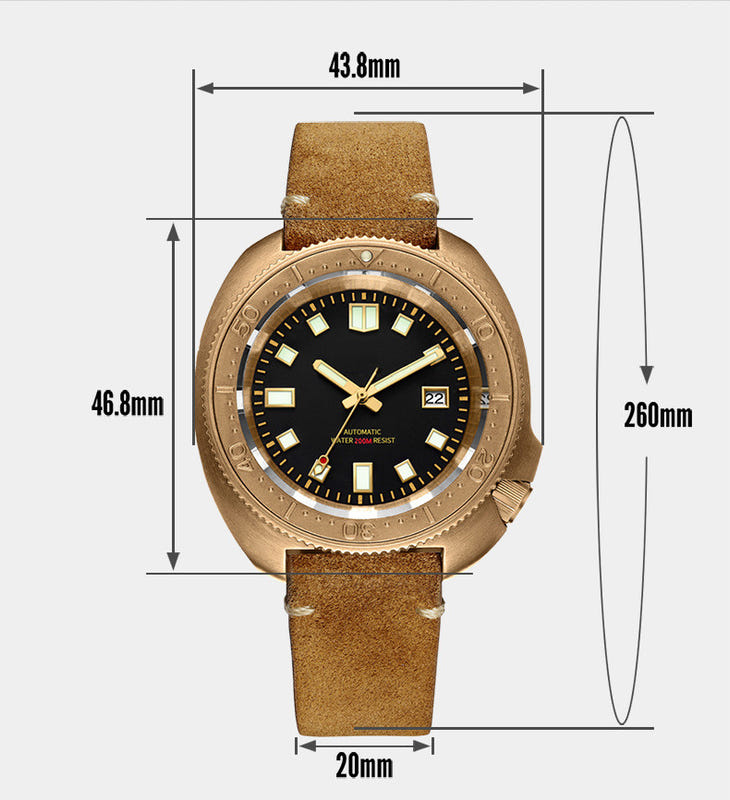 Automatic mechanical watch, brown leather strap, black dial with date window