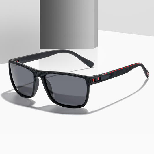 Polarized UV400 driving sunglasses, black PC frame with dark gray lenses and red temple accents
