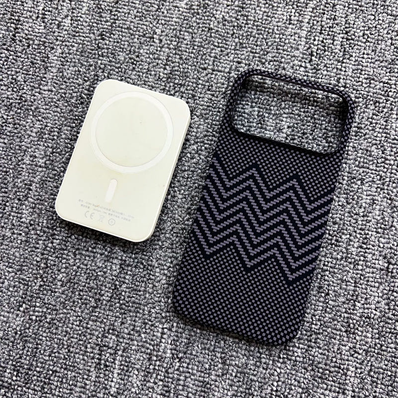 Magnetic iPhone case in dark navy with zigzag chevron pattern and camera cutout