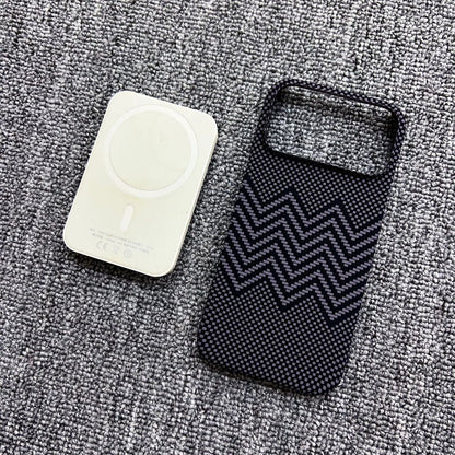 Magnetic iPhone case in dark navy with zigzag chevron pattern and camera cutout