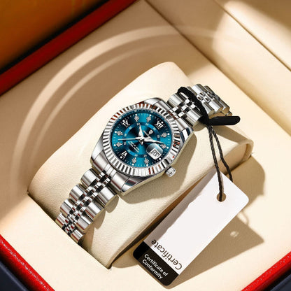 Women's quartz wristwatch with deep blue dial and two-tone stainless bracelet
