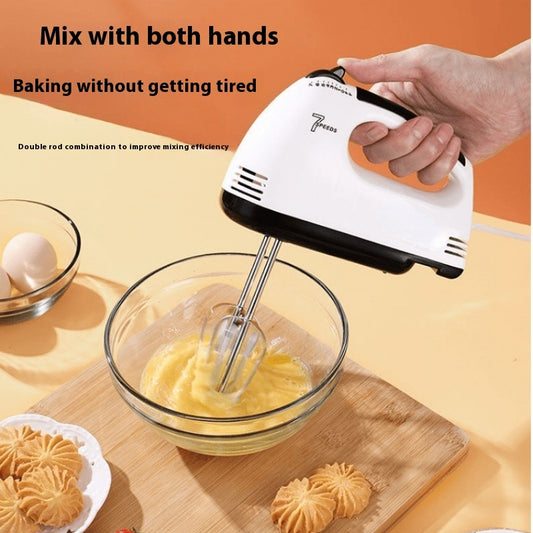 Hand mixer being used to mix ingredients in a bowl with text on an orange background