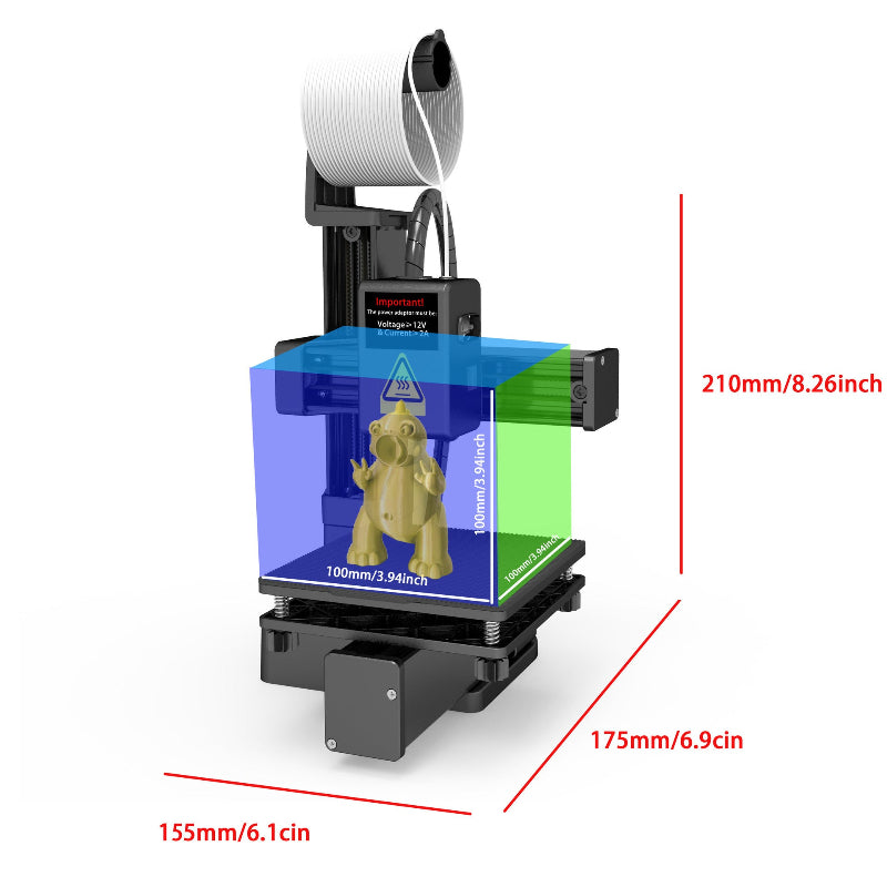 3D printer with a printed object and dimensions indicated on a white background