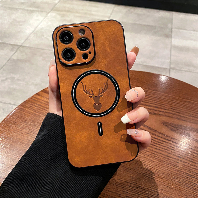 Brown phone case with circular deer emblem, three camera cutouts, and charging port