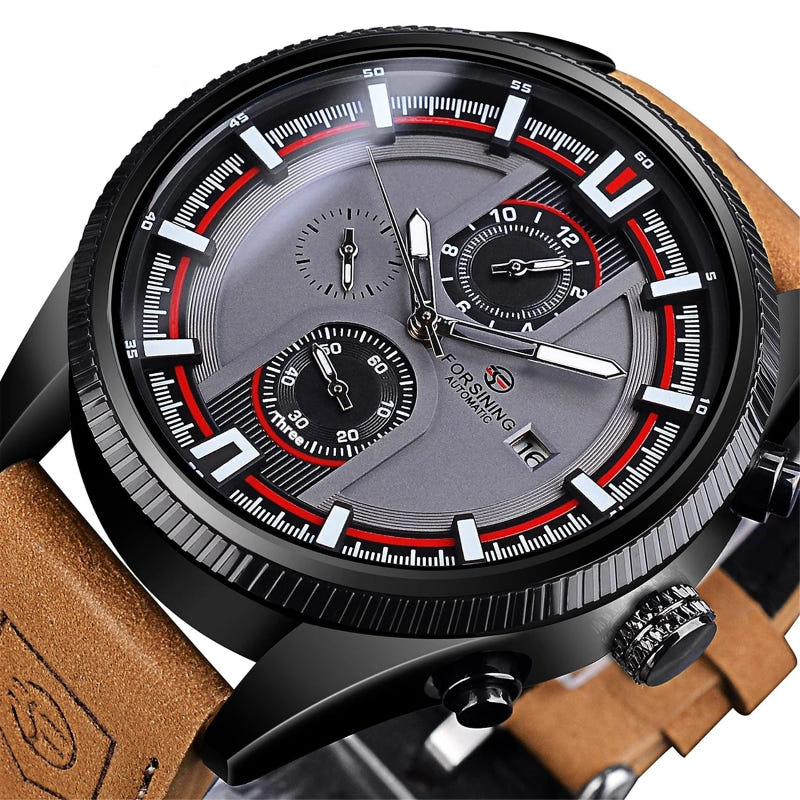 Men’s automatic sports watch with dark gray dial, red markers, black bezel and black leather strap