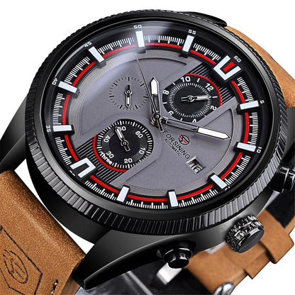 Men’s automatic sports watch with dark gray dial, red markers, black bezel and black leather strap