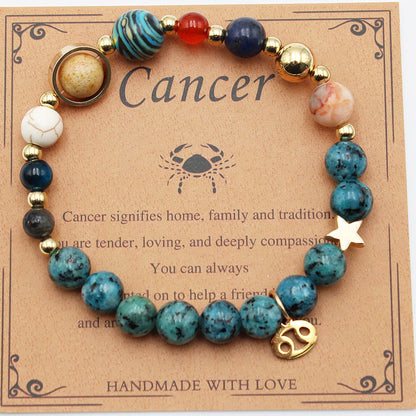 Hemp beaded bracelet with teal turquoise stones, gold-tone accents, and star charm