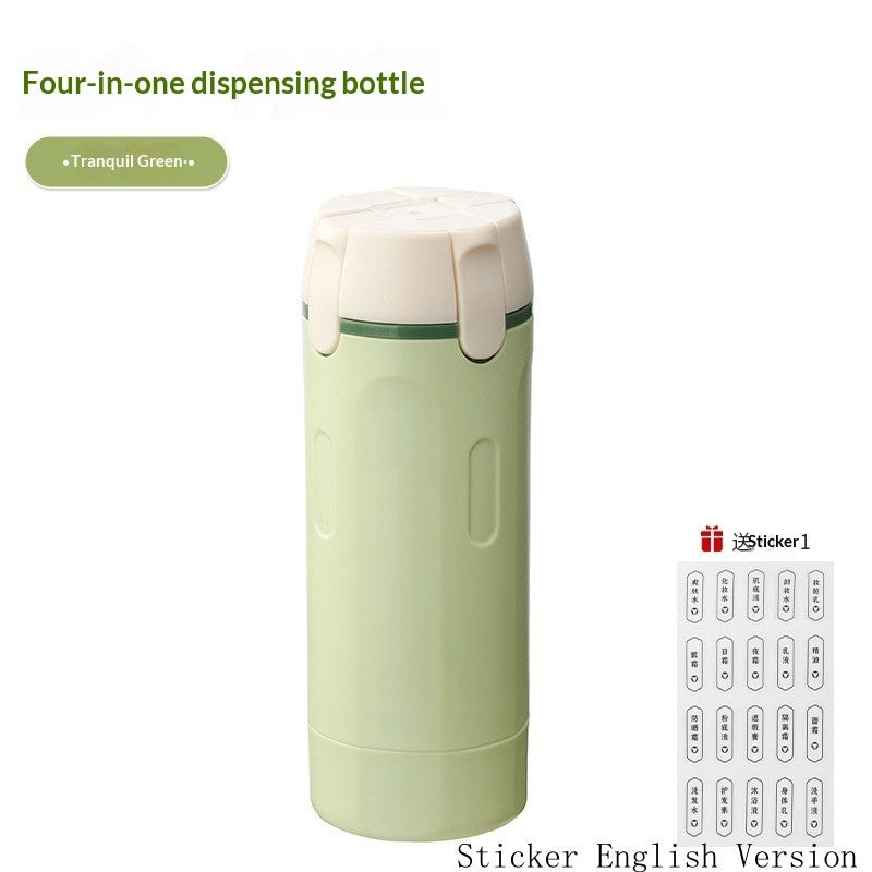 Four-in-one travel dispenser bottle, tranquil green with flip-top pump dispenser