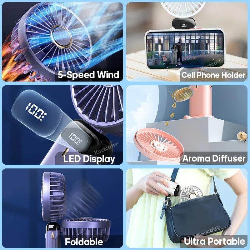 USB Rechargeable Mini Portable Handheld Electric Fan Foldable Neck Hanging Outdoor Fan Adjustable 5 Speed Powerful Air Cooler - YAXSO