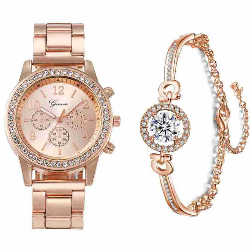 Rose gold quartz watch with crystal bezel and matching bracelet with round crystal drop