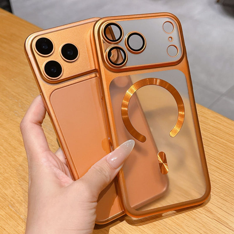 Orange protective phone cover with circular grip ring and camera lens openings