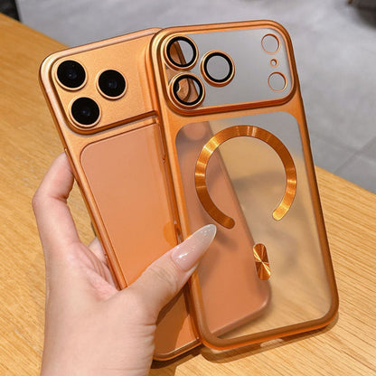 Orange protective phone cover with circular grip ring and camera lens openings