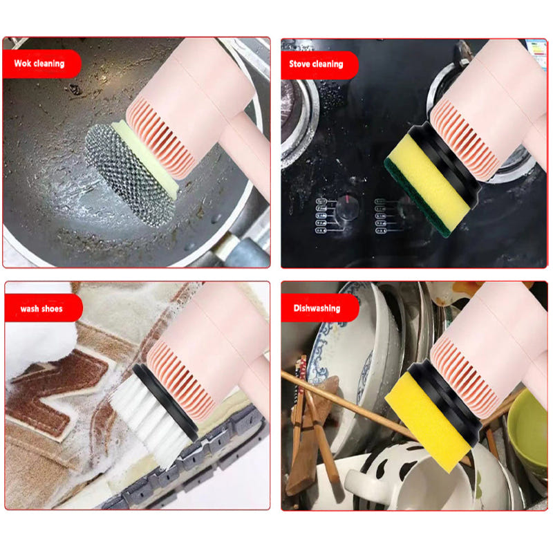 Electric cleaning brush set with gray, red, and yellow heads for scrubbing cookware and dishes