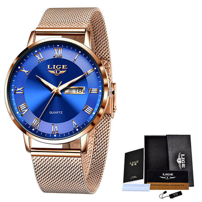 Rose gold watch with blue face and LIGE branding on a white background