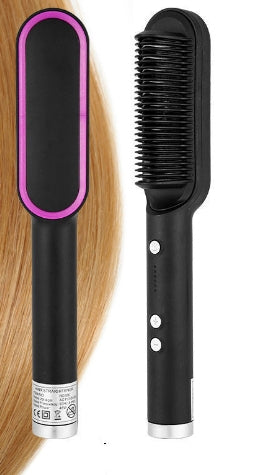 Black hair straightening brush with pink accents on a white background