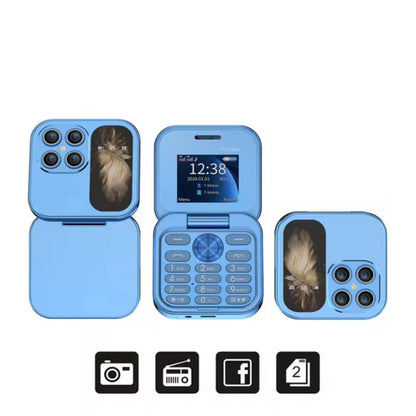 Pure blue flip phone case with dual cameras, small screen, and keypad