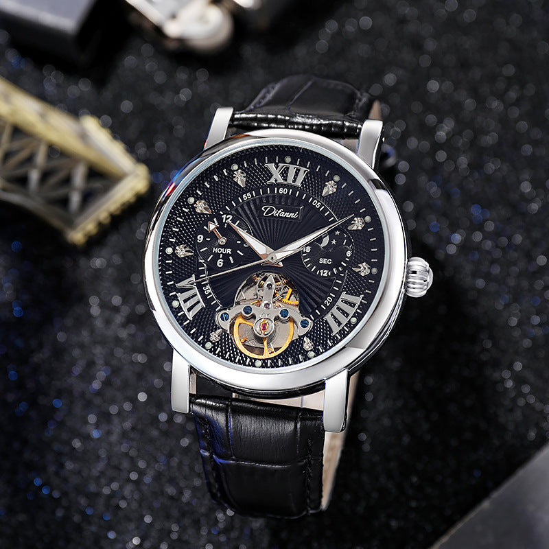 Luxury watch with black leather strap and detailed face on a dark textured background