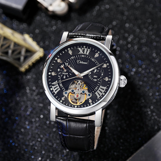 Luxury watch with black leather strap and detailed face on a dark textured background