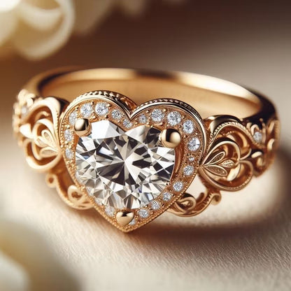 Gold ring with a heart-shaped diamond on a soft background
