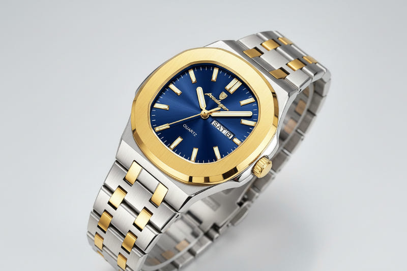 Two-tone stainless steel quartz watch with blue dial, gold accents, link bracelet