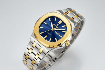 Two-tone stainless steel quartz watch with blue dial, gold accents, link bracelet