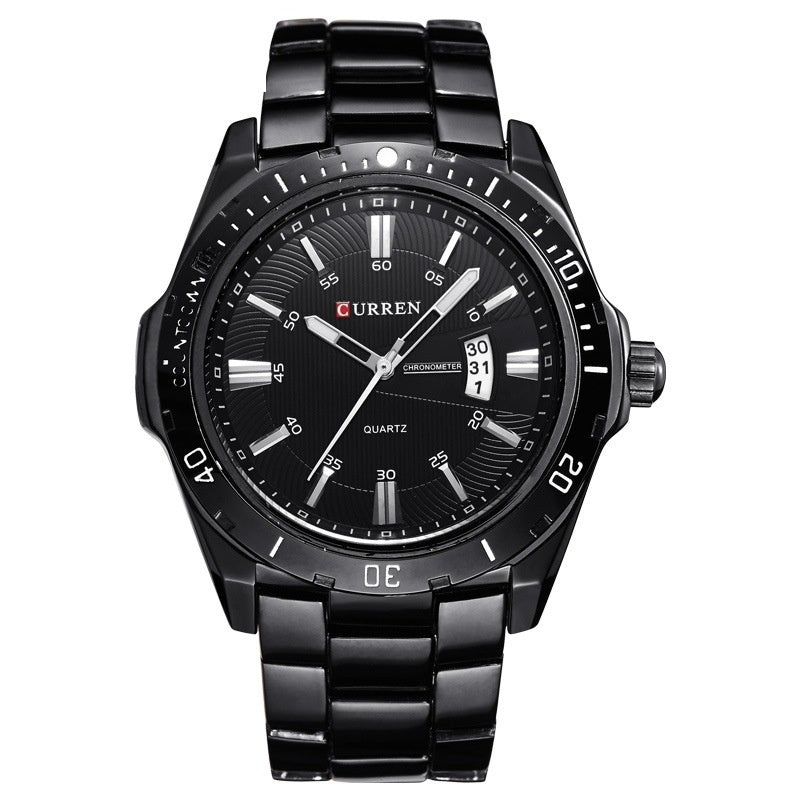 Black wristwatch with Curren brand on a white background