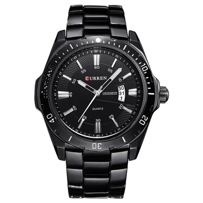 Black wristwatch with Curren brand on a white background