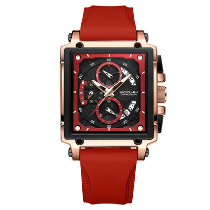 Luxury watch with red strap and rose gold casing on a white background