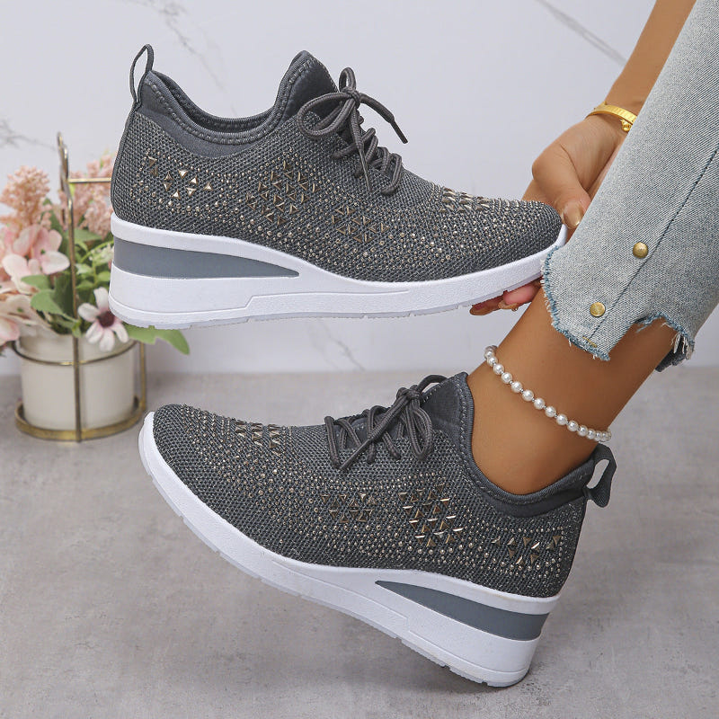 Breathable wedge sneakers, dark gray knit mesh lace-up with patterned upper and white wedge sole