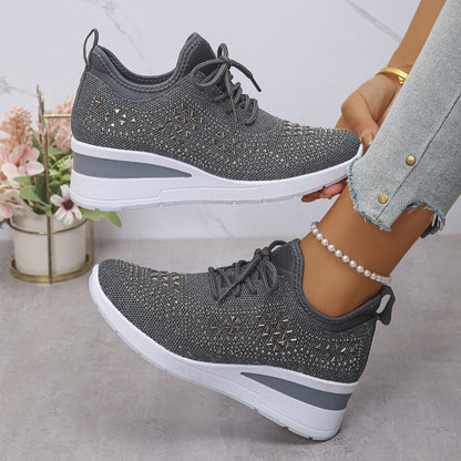 Breathable wedge sneakers, dark gray knit mesh lace-up with patterned upper and white wedge sole