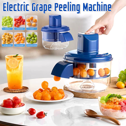 Blue electric grape peeler with clear bowl and top press button for fruit skin removal