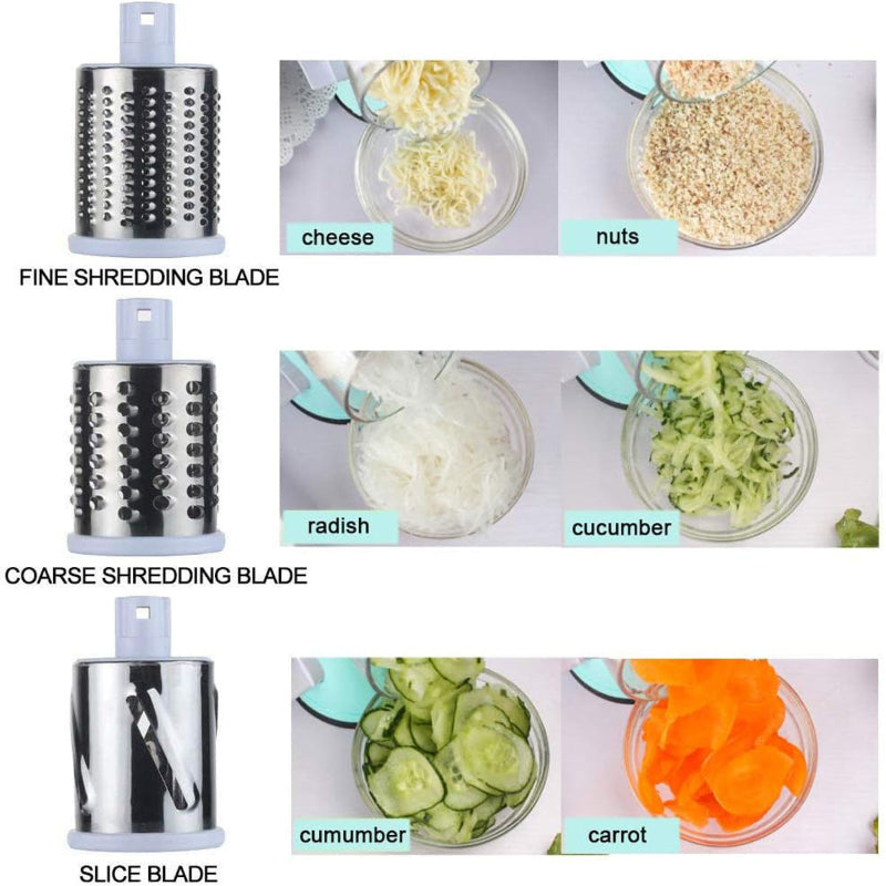 Three different blades of a rotary grater with examples of food items being grated.
