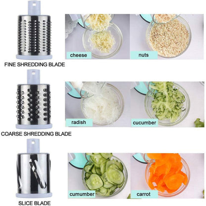 Three different blades of a rotary grater with examples of food items being grated.