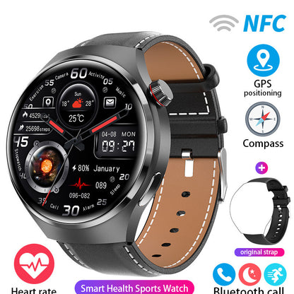 Round smartwatch with dark gray case and brown leather-style strap with health icons