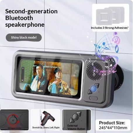 Waterproof phone box with Bluetooth speaker, shiny black housing, front phone window