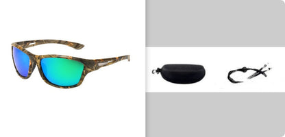 Sunglasses with green reflective lenses, case, and cleaning cloth on a gray background.