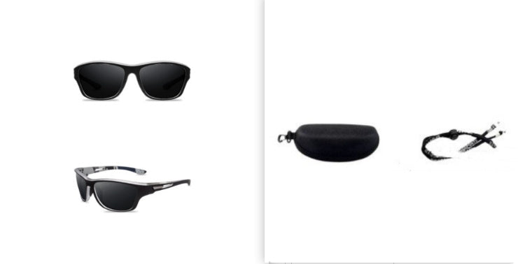 Sunglasses shown from front and side views with additional components on a white background.