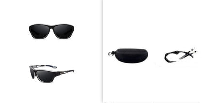 Sunglasses shown from front and side views with additional components on a white background.
