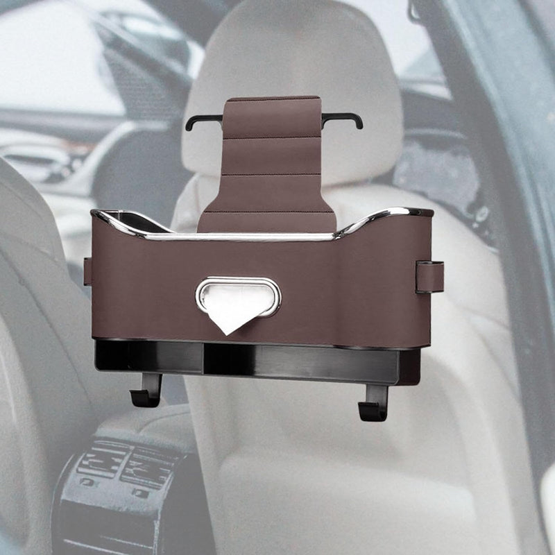 Brown car organizer mounted behind a vehicle seat
