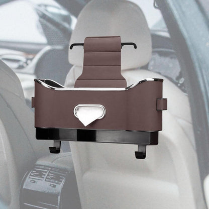 Brown car organizer mounted behind a vehicle seat