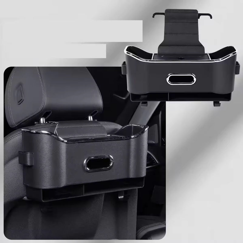Black car back-seat organizer with tissue holder and storage compartments