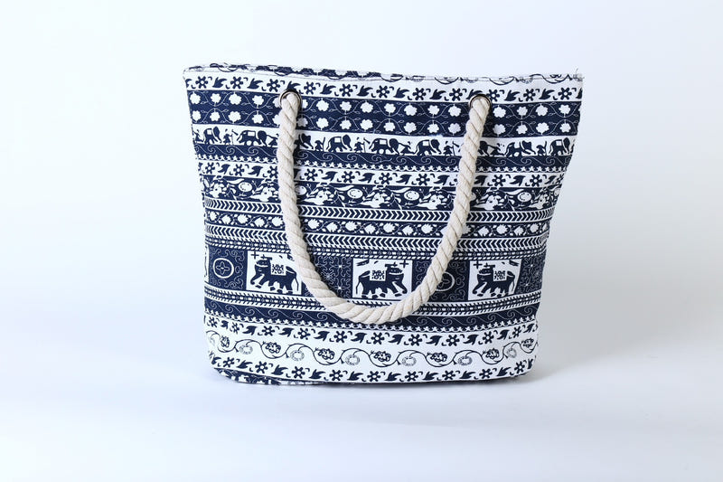 Blue and white printed canvas shoulder tote bag with rope handles
