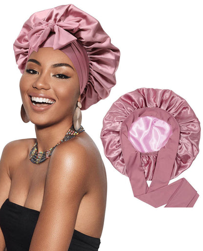 Satin ribbon round cap in pink satin, gathered bonnet with bow on top