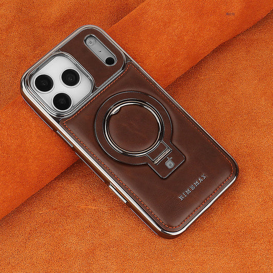 Leather iPhone Pro Max case with ring stand, dark brown with camera cutouts