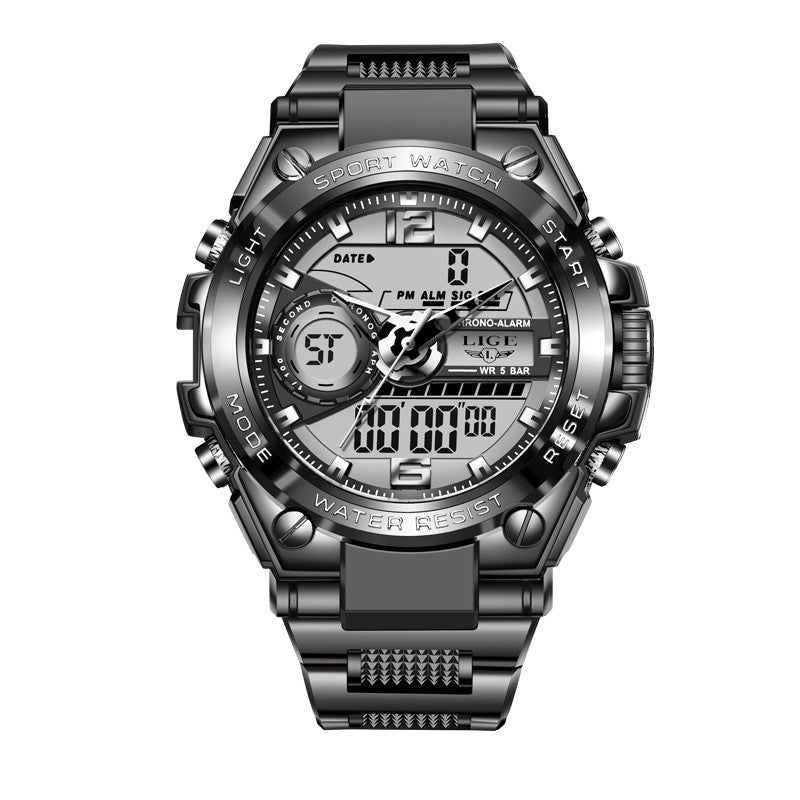 Black and silver sports watch with digital and analog display on a white background