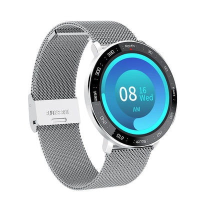 Smart watch with silver mesh band and round black touchscreen display