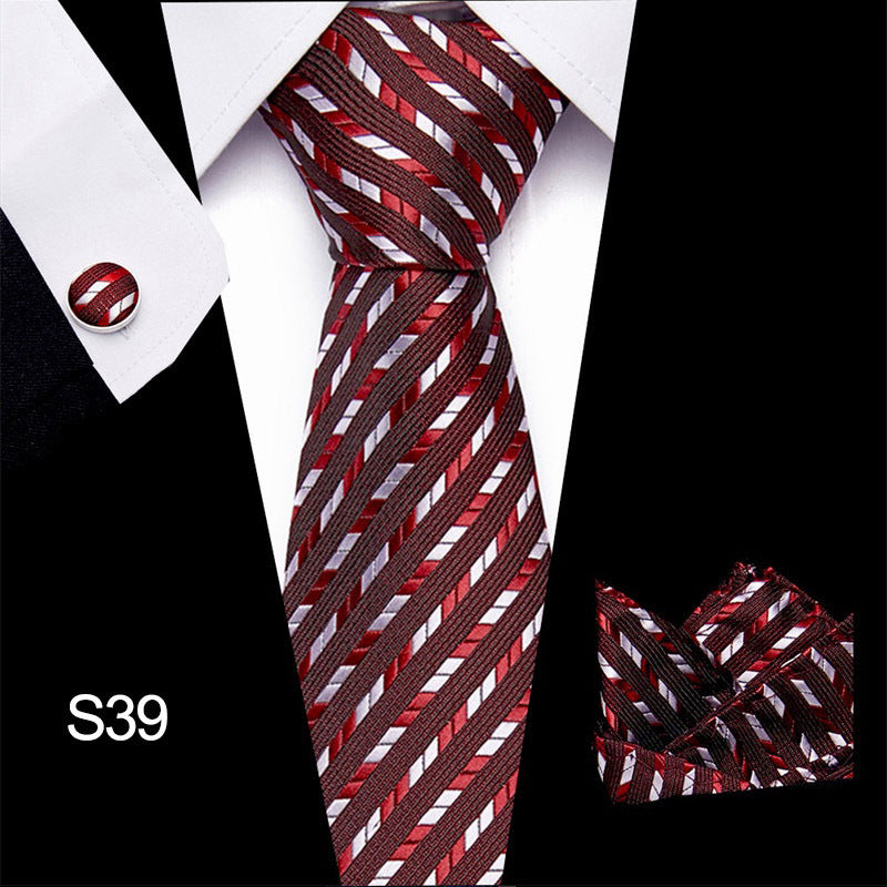 Red and white striped tie with matching pocket square on a black background
