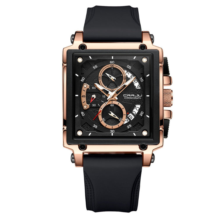 Luxury watch with black strap and rose gold case on white background