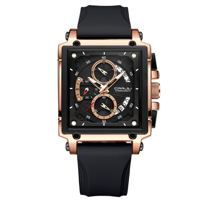 Luxury watch with black strap and rose gold case on white background