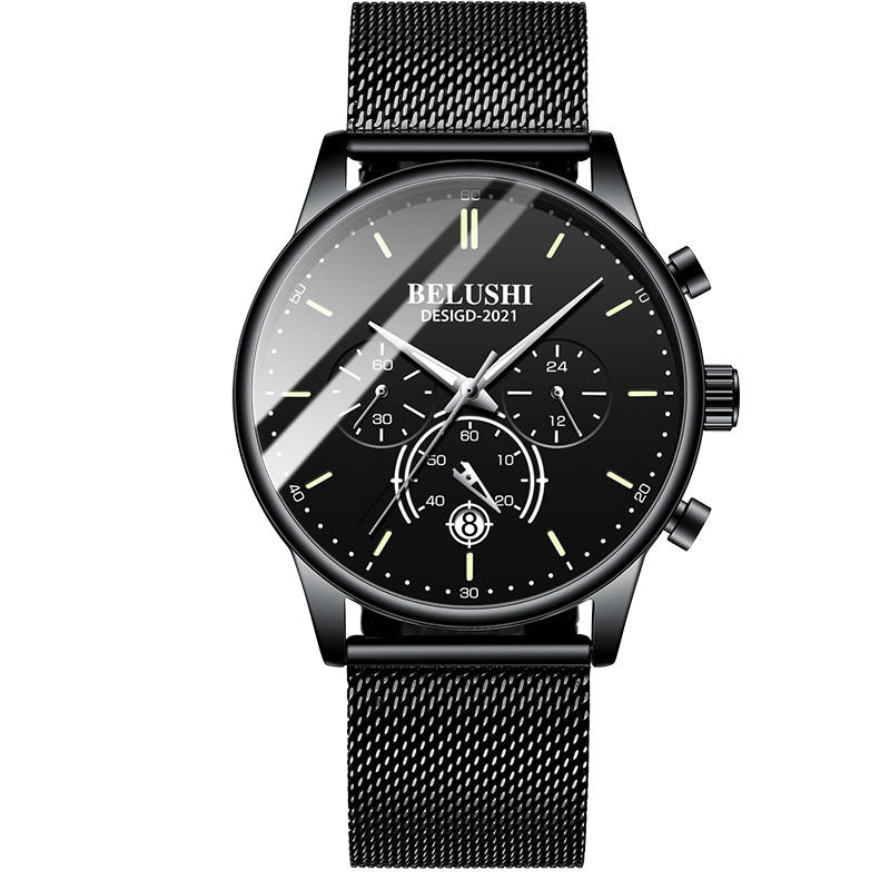 Black watch with mesh band and visible brand name on a white background